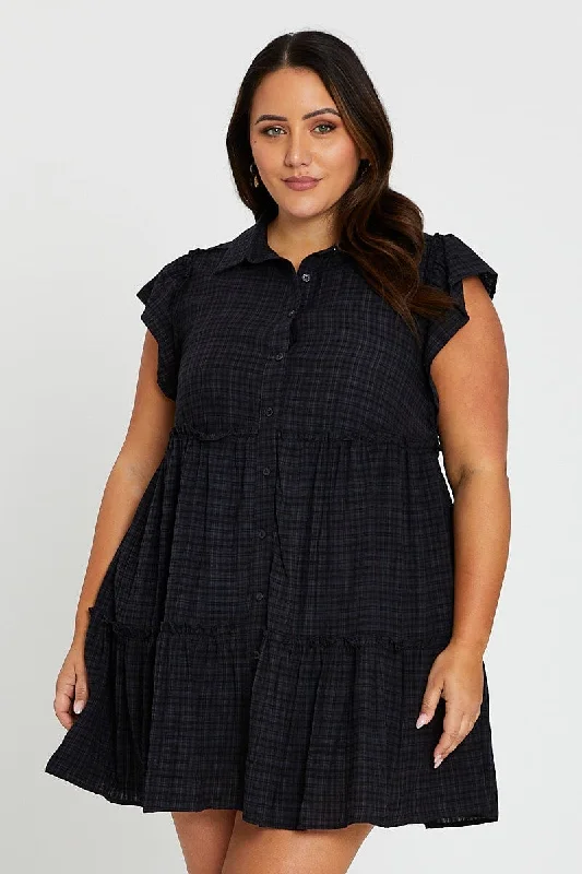 Checked Cotton Shirt Dress-Black Short Frill Sleeve Textured Frill Black Shirtdress