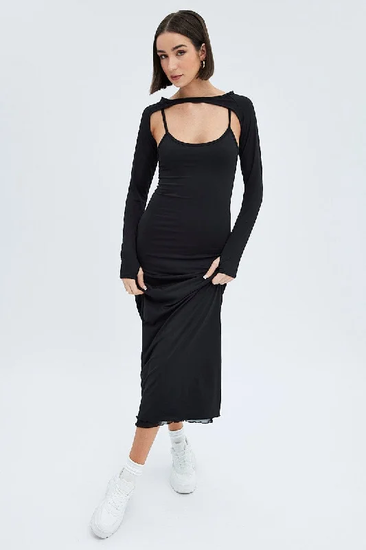Women's Bodycon Dress for Party -Black Shrug & Dress Set Long Sleeve Maxi Bodycon Jersey Women's Bodycon Dress for Party -Black Shrug & Dress Set Long Sleeve Maxi Bodycon Jersey