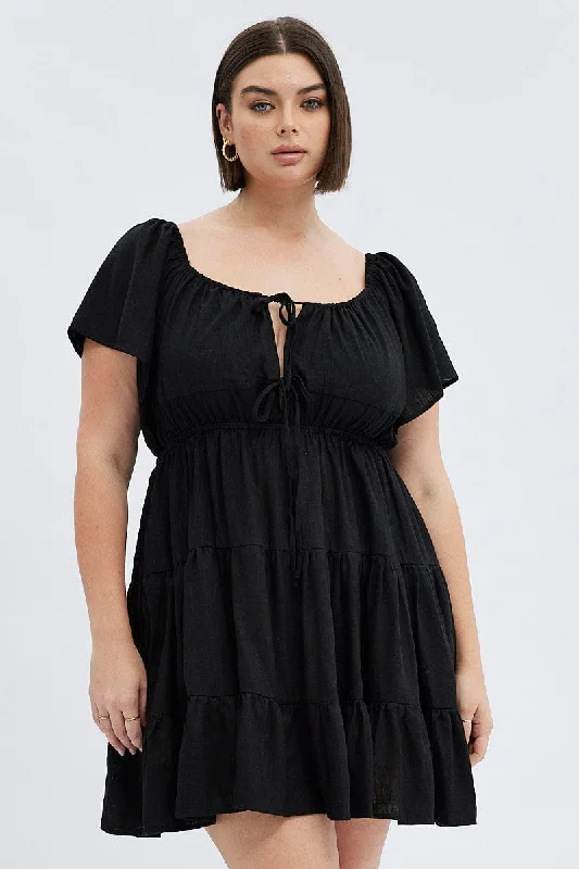 Sleeveless A-line Flare Dress -Black Skater Dress Tie Linen Blend Flare Sleeve Mini Sleeveless A-line Flare Dress -Black Skater Dress Tie Linen Blend Flare Sleeve Mini