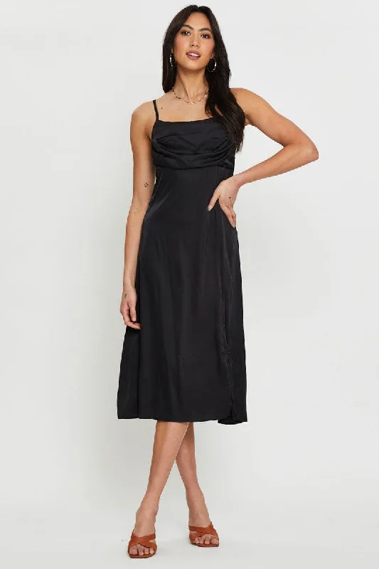 Classic Silk Slip Dress for Dinner Party -Black Satin Slip Dress with Lace Inserts -Black Slip Dress Midi