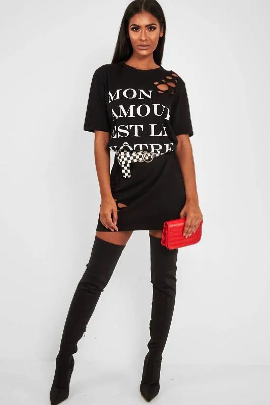 Comfortable Work Shirt Dress-Black Slogan Distressed T-Shirt Dress - Ashlen