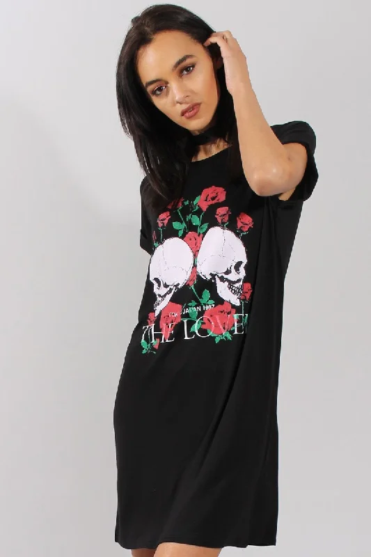 Stylish Cotton Shirt Dress-Black Slogan Print Tshirt Dress - Avril