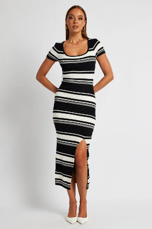 Bodycon Dress for Wedding -Black Stripe Knit Dress Short Sleeve Bodycon Midi