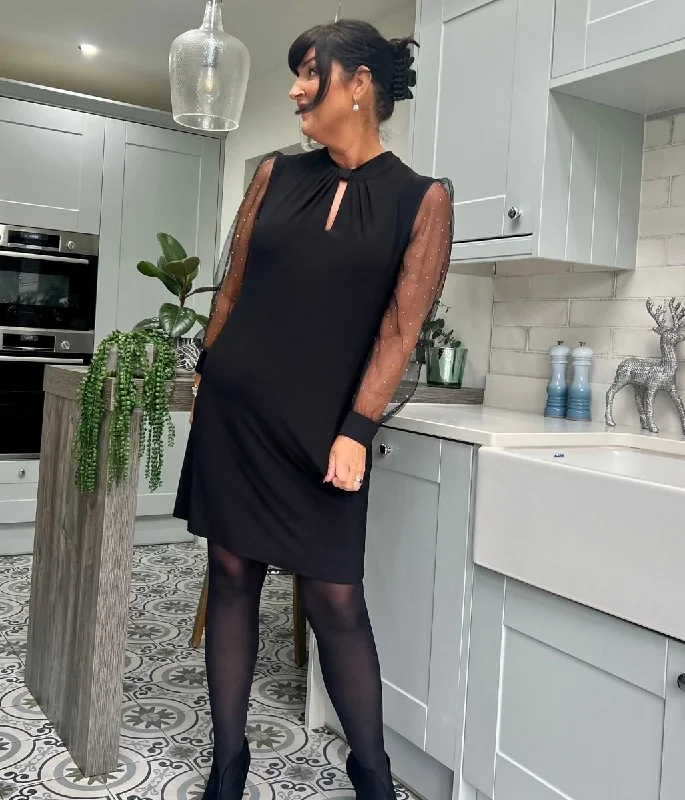 Satin Slip Dress for Sexy Evening Look -Black Sheer Sleeve Evening Dress
