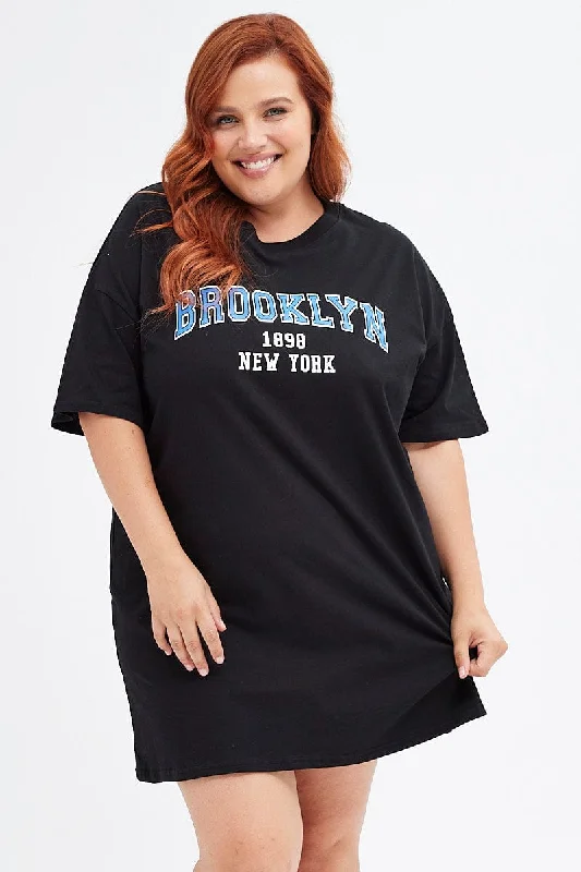 Elegant V-neck Shirt Dress-Black T-shirt Dress Short Sleeve Brooklyn Logo Cotton