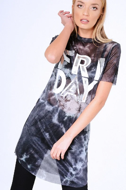 Button-up Plaid Shirt Dress-Black Tie Dye Sheer Mesh 'Friday' Slogan T-Shirt Dress - Flynn Button-up Plaid Shirt Dress-Black Tie Dye Sheer Mesh 'Friday' Slogan T-Shirt Dress - Flynn