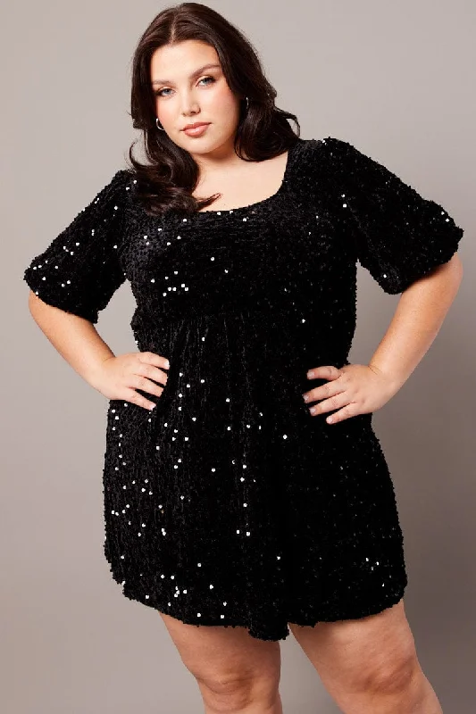 Off-the-Shoulder Sequin Party Dress -Black Velour Sequin Party Dress