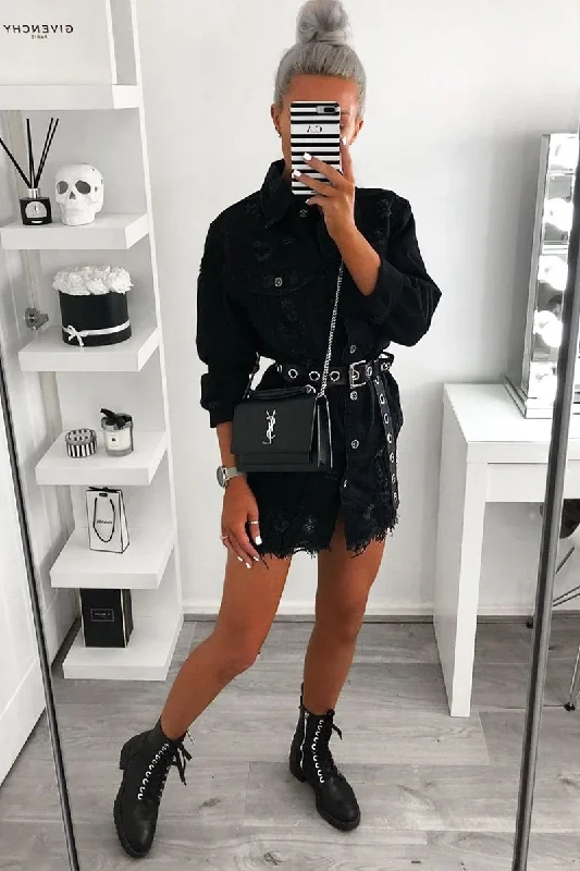 Women’s Long Shirt Dress-Black Washed Distressed Denim Shirt Dress - Chloey
