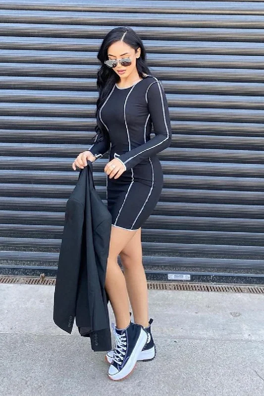 Women's Flowy Chiffon Mini Dress-Black White Contrast Stitch Ribbed Mini Dress - Daniah