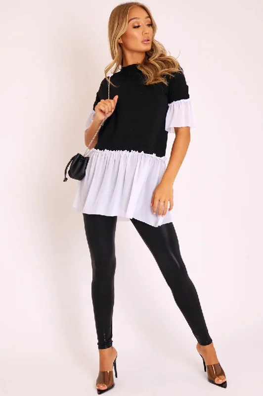 Fashionable Button-up Shirt Dress-Black White Tulle Ruffle Hem T-shirt Dress - Zula Fashionable Button-up Shirt Dress-Black White Tulle Ruffle Hem T-shirt Dress - Zula