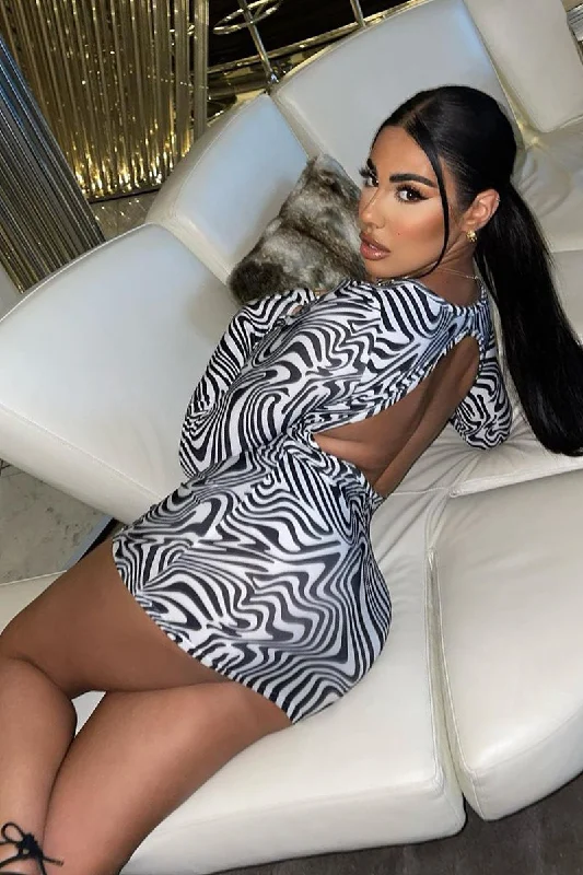 Women's Fit-and-Flare Mini Dress-Black White Wave Print Cut Out Back Mini Dress - Malia Women's Fit-and-Flare Mini Dress-Black White Wave Print Cut Out Back Mini Dress - Malia