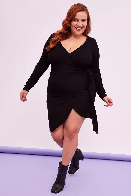 Wrap Dress for Wedding Guest -Blue Wrap Dress for Wedding -Black Wrap Dress Rib Jersey Tie Waist Knee Length