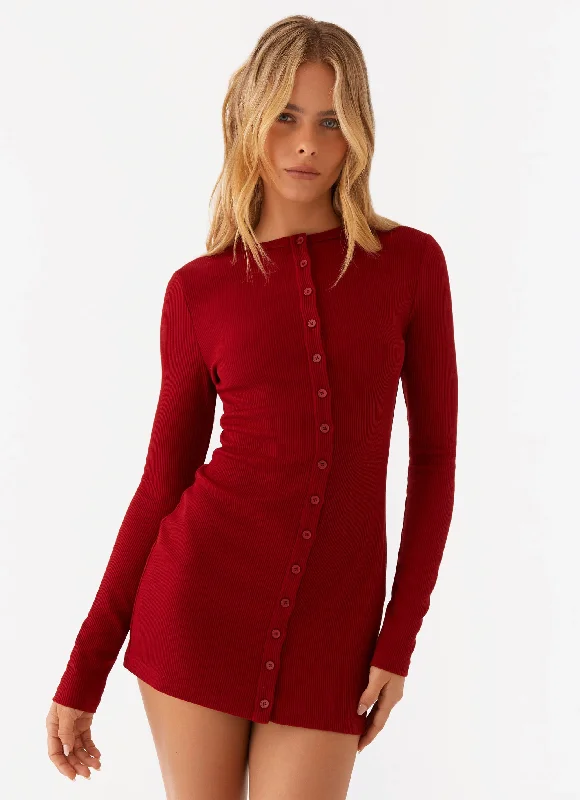 Women's Ruffled Sleeve Mini Dress-Blair Long Sleeve Mini Dress - Red