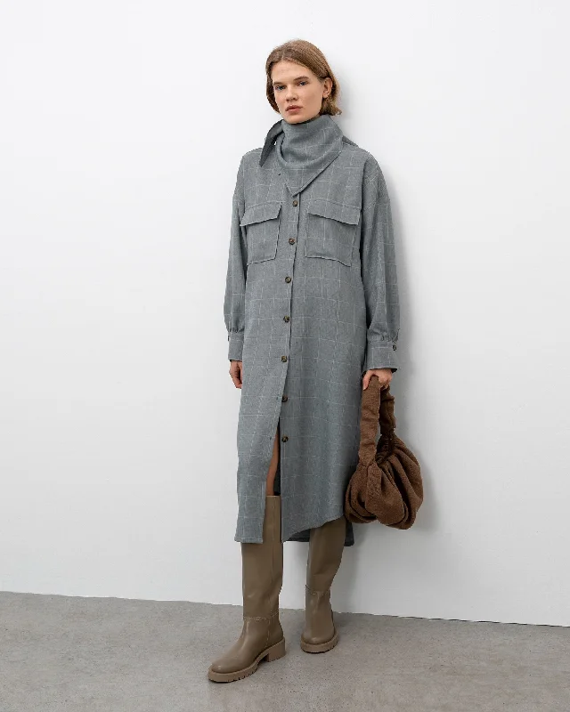 Green Shirt Dress with Belt-Upcycled Blend Wool Long Grey Sustainable Shirt Dress Vaidote
