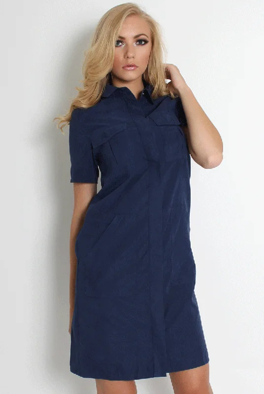 A-line Plaid Shirt Dress-Bliss Navy Shirt Dress