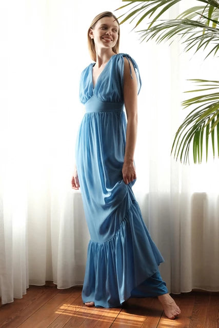 Women's Draped Maxi Dress-Bloom Maxi Dress Blue