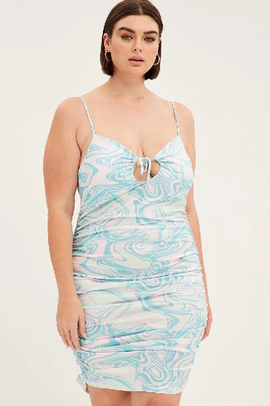 Floral Print Bodycon Dress for Women -Blue Abstract Bodycon Dress Drawstring Keyhole Ruched Side