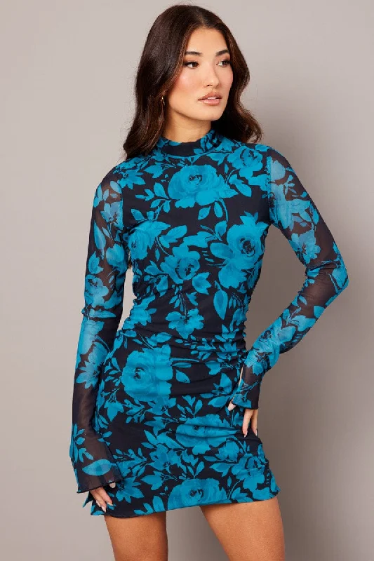 Lace-up Black Bodycon Dress -Blue Abstract Bodycon Dress High Neck Mini Long Sleeve
