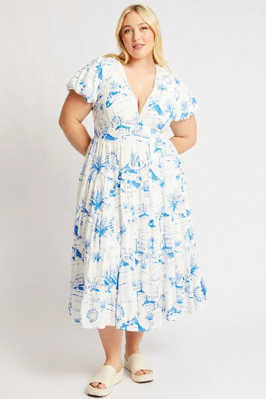 Women's Classic V-neck Maxi Dress-Blue Abstract Maxi Dress Short Sleeve Linen Blend