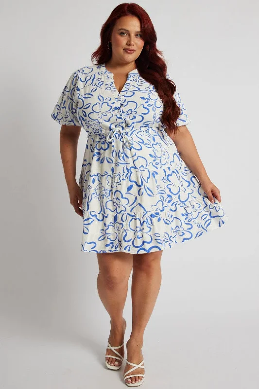 Pink Shirt Dress-Blue Abstract Shirt Dress Short Sleeve Linen Blend