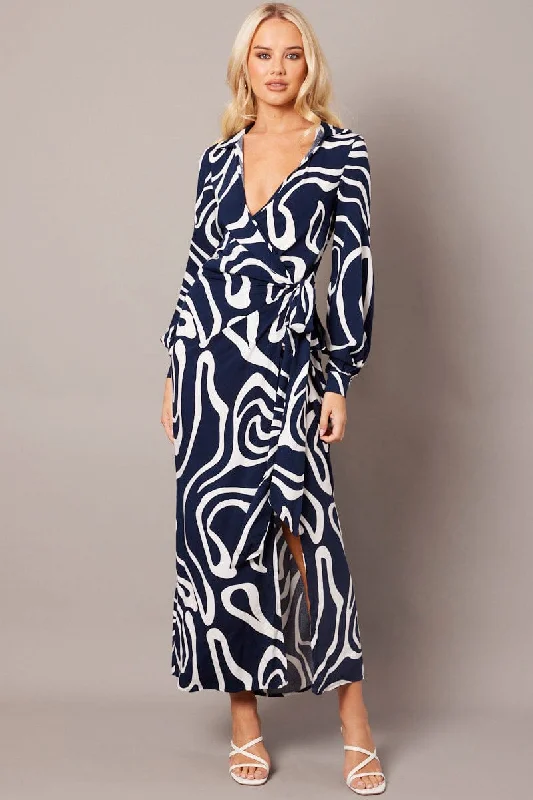 V-neck Shirt Dress-Blue Abstract Wrap Maxi Dress Shirt Dress