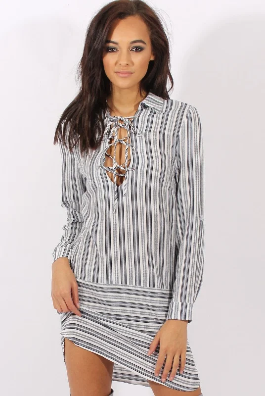 Elegant V-neck Shirt Dress-Blue & White Stripe Shirt Dress - Lavern