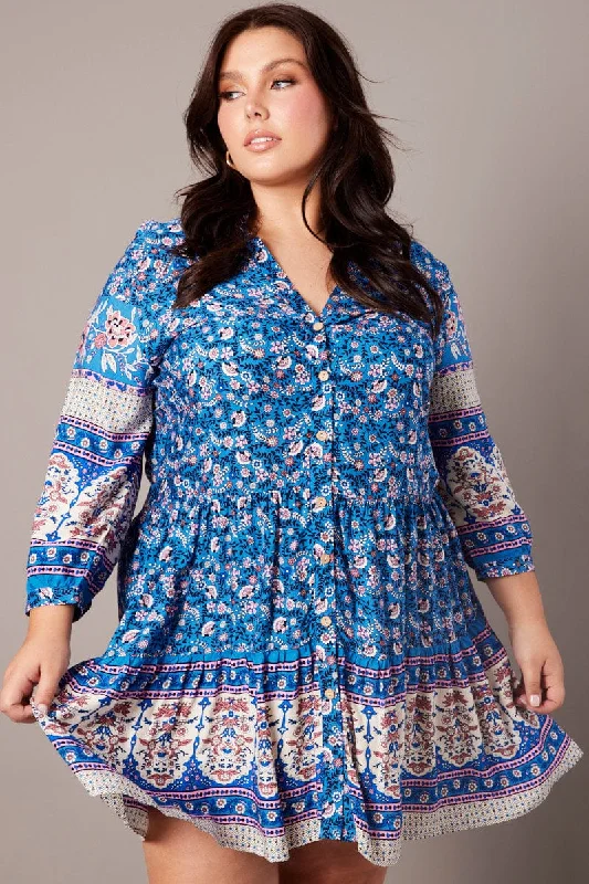 Shirt Dress with Lace Detail-Blue Boho Button Through Shirtdress