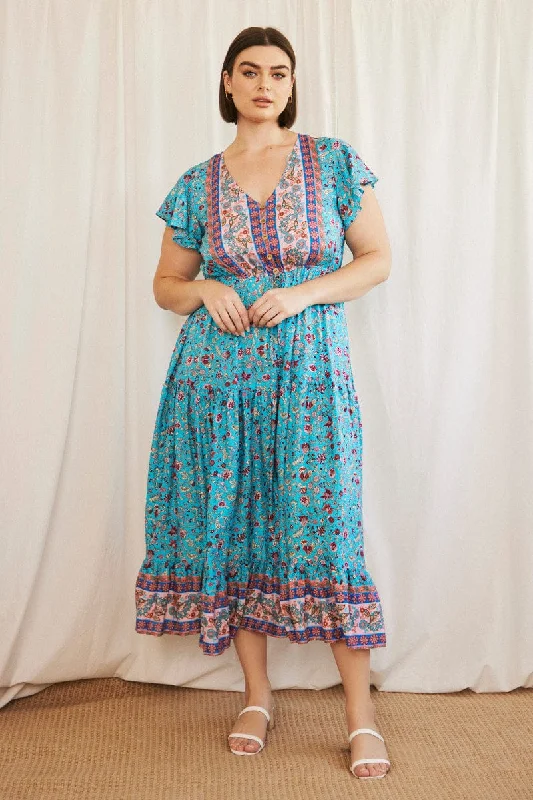Women's Slit Maxi Dress-Blue Boho Maxi Dress Short Sleeve V-neck Tiered