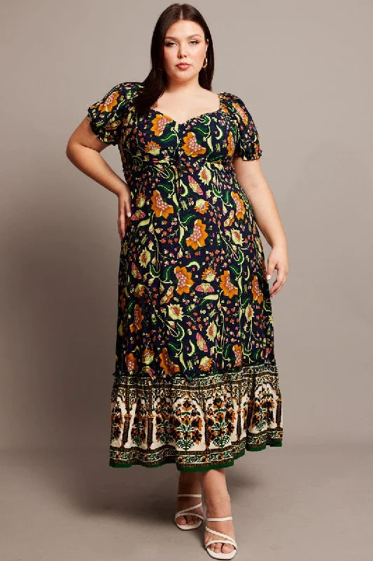 Women's Elegant Long Dress-Blue Boho Puff Sleeve Maxi Dress High Low Hem