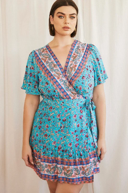 Silk Wrap Dress for Bridesmaids -Silk Wrap Dress -Blue Boho Wrap Dress Short Sleeve V-neck Silk Wrap Dress for Bridesmaids -Silk Wrap Dress -Blue Boho Wrap Dress Short Sleeve V-neck