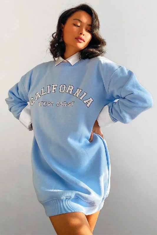 Women's Blue Mini Dress-Blue California Slogan Sweater Mini Dress - Immi