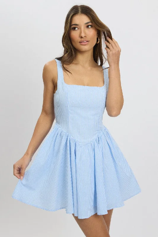 Cold Shoulder Flare Dress -Blue Check Fit And Flare Dress Mini