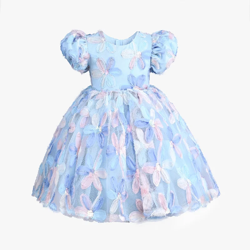 Back-Tie Party Dress for Adjustable Fit -Blue Daisy Party Dress