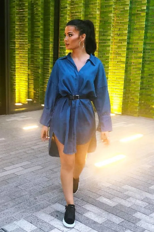 Women's Button-up Plaid Shirt Dress-Blue Denim Oversized Shirt Dress - Stormi
