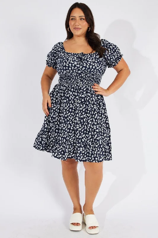Light Blue Flare Dress -Blue Ditsy Fit And Flare Dress Short Sleeve