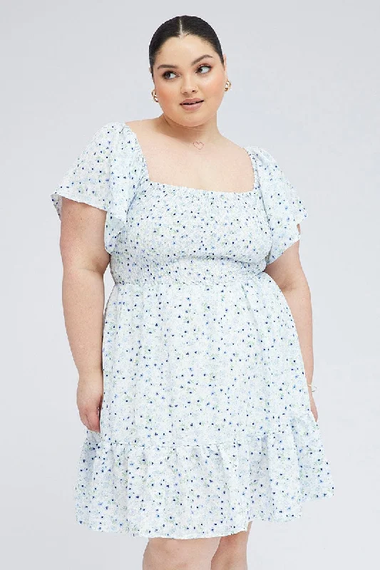 Knee-length Flare Dress -Blue Ditsy Fit And Flare Dress Short Sleeve Shirred