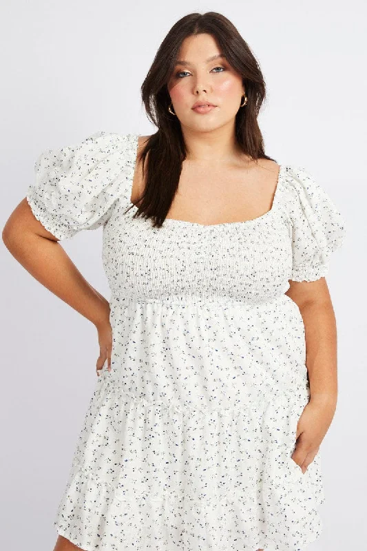 Formal Flare Dress -Blue Ditsy Fit And Flare Dress Short Sleeve Shirred