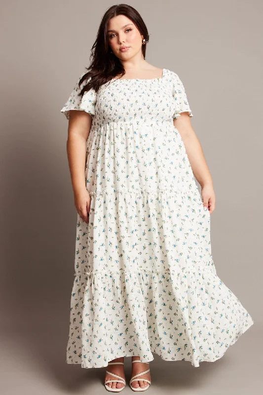 Women's Pleated Back Maxi Dress-Blue Ditsy Maxi Dress Short Sleeve Shirred