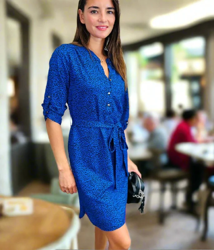 Plus Size Shirt Dress-Blue Dotty Print Belted Shirt Dress