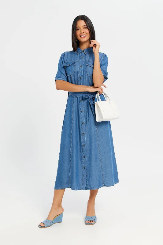 Women's Printed Casual Shirt Dress-Women Blue Belted Shirt Dress