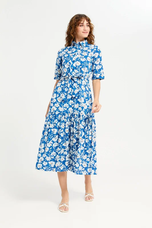 Embellished Button-up Shirt Dress-Women Blue Printed Shirt Dress