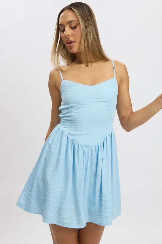 Flare Dress with Ruffles -Blue Fit And Flare Dress Drop Waist Mini