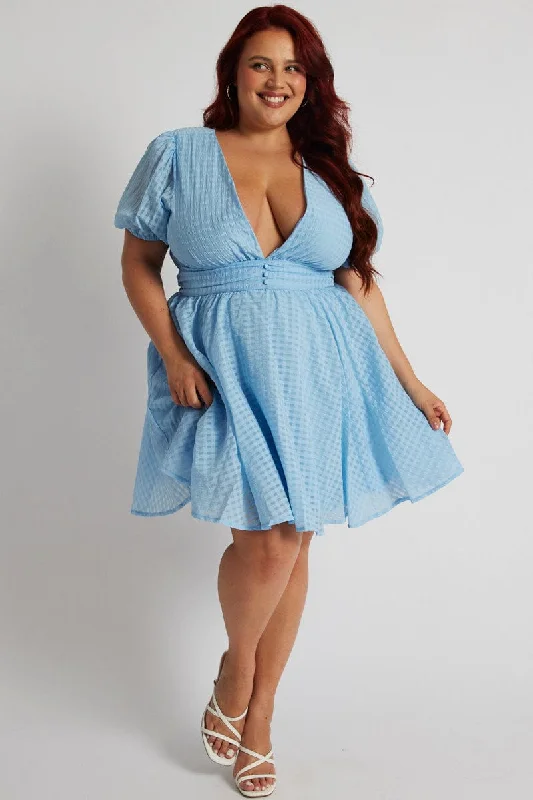 Elegant Floral Flare Dress -Blue Fit And Flare Dress Short Sleeve
