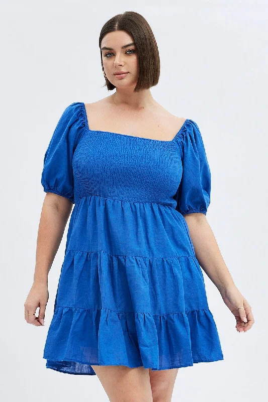 Women's Long Flare Dress -Blue Fit And Flare Dress Short Sleeve Shirred