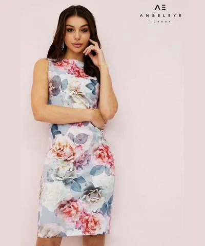 Women's Bodycon Dress for Office -Blue Floral Bodycon Dress