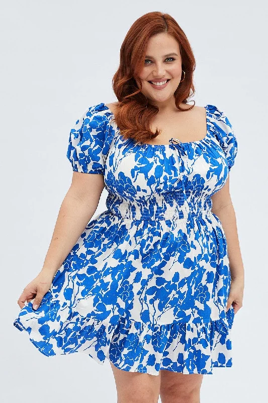 Women's Swing Flare Dress -Blue Floral Fit And Flare Dress Short Sleeve