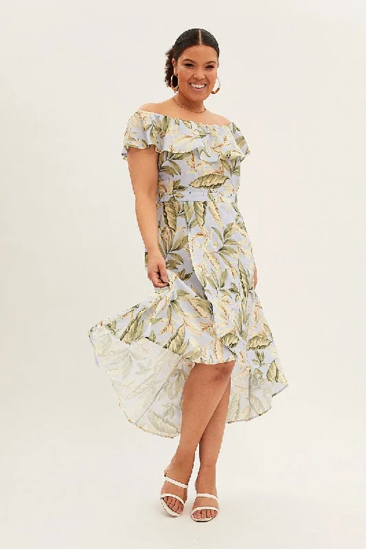 Women's Cozy Maxi Dress-Blue Floral Maxi Dress Off Shoulder Crepe