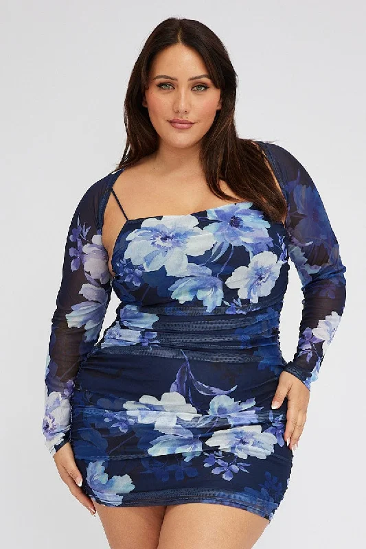 Women's Long Red Bodycon Dress -Blue Floral Mesh Bodycon Ruched Dress With Shrug