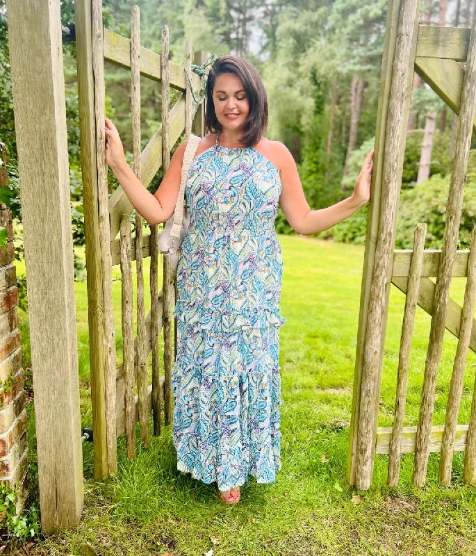 Women's All-Black Maxi Dress-Blue Halter Neck Tiered Maxi Dress