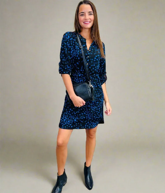Formal Shirt Dress-Blue Heart Print Belted Shirt Dress